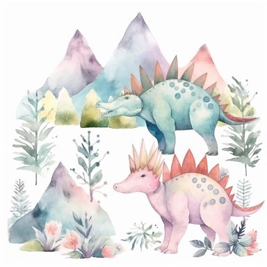friendly, fluffy watercolor dinosaurs clipart, pastel colors, in the mountains, forest, separated, seamless, transparent background--AR 3:2