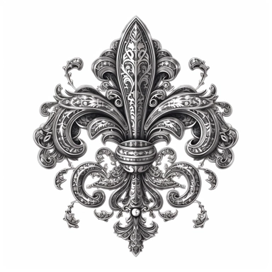Clipart, gorgeous fleur de lis, black and grey colours, luminous, glowy, intricate, illustration, detailed, 8k, png, isolated on white background