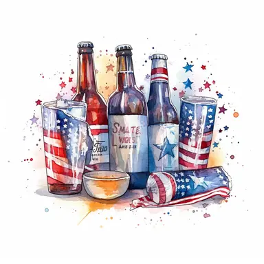 fireworks, shades of American flag, patriotic, beers, celebration, aquarelle, clip art illustartion