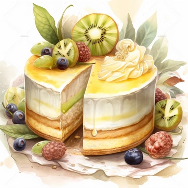 Watercolor clipart of Durian Mousse Cake: Layer Durian mousse between sponge cake layers and top with fresh whipped cream and Durian pieces for a light and airy dessert that's perfect for hot summer day, intricate details, vector, hyperrealistic, white background, no splashes, no text, no watermark