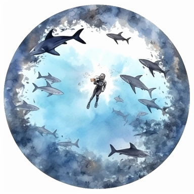 watercolor clipart of a scuba diver swimming around group of shark on the sea surface. The view is taken by drone. Produce very high quality image. Left some white empty space around the image frame