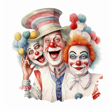 3 hand drawn vintage circus clowns acting silly , glamorous, soft, detailed and realistic, watercolor, clipart style, white background with margins