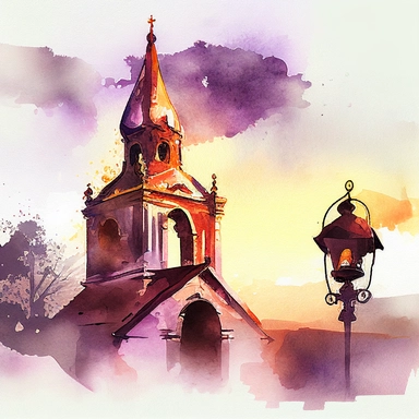 clipart fantasy church watercolour, biblical, sunrise, church bells