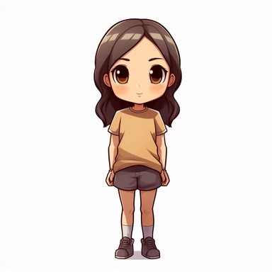 front view of an animated girl standing wearing tshirt character design, full body, drawing a face in maximum quality, high-quality drawing of the face,clipart, full Illustration, 4k, sharp focus, smooth soft skin, symmetrical, detailed face, concept art, style fairy tales, chibi kawaii, . Octane rendering, 3d, perfect face, detailed face, delicate face, perfect sharp lips, detailed eyes.