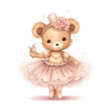 Adorable cute fantasy Teddy bear dressed like a French ballerina, nursery art, clipart image, lineart image, white background, very detailed, 8k