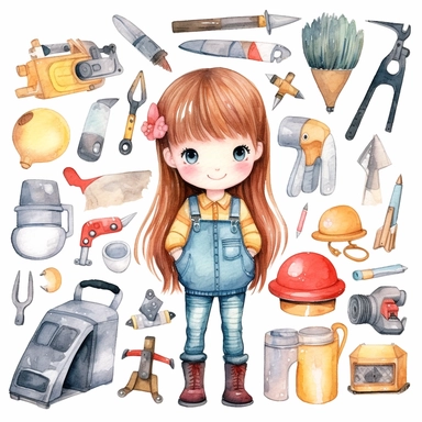 cute kawaii girl builder, construction tools, watercolor white background clipart set single elements with margin