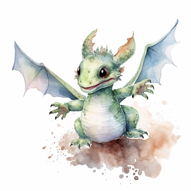 Clipart, watercolor, white background: A baby dragon with stubby wings and a bumbling gait, trying to take flight but ending up in a comical tumble.
