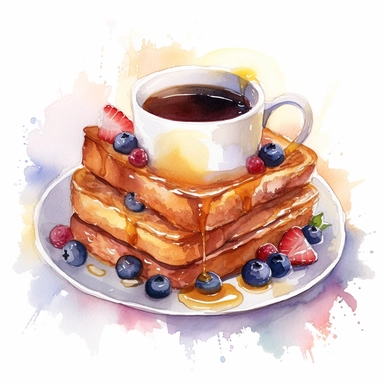 French toast, bacon, blueberries and a cup of hot chocolate, Watercolor, cottagecore, pastels, clipart, beautiful, colourfull, png transparent white background, high resolution, no caption q4 s2