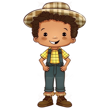 cartoon style chibi country boy 5 year old dark skinned afro boy delicate confident smile short hair straw hat yellow plaid shirt vibrant tones style chibi feet hands back lace character should be sharp and detailed well drawn lightly hand painted in watercolor vector on a white background clipart
