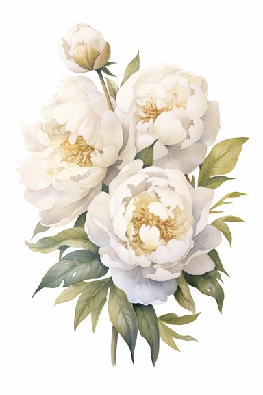 A highly detailed clipart drawing of a cluster of unbloomed white or cream peonies, created with a combination of watercolor and color pencils. The drawing captures the intricate details of the peony buds, showcasing their elegant forms and delicate textures. The cluster of peonies is positioned on a white background, which can be easily removed to create a transparent image for making wedding invitations. The focus is on the beauty and anticipation of the peony buds, making it a perfect choice 