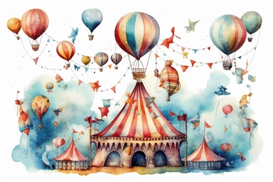 Watercolor, Generate a magical circus with balloons transforming into acrobats and performers. clipart, hd, on a white background, spaced out