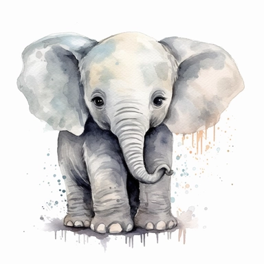 clipart full body friendly watercolour cute little baby elephant, realistic, detailed, white background, contour