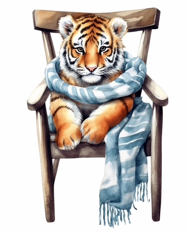 detailed watercolor Baby tiger on a chair with scarf , hyper realistic, isolated on a white background, clipart