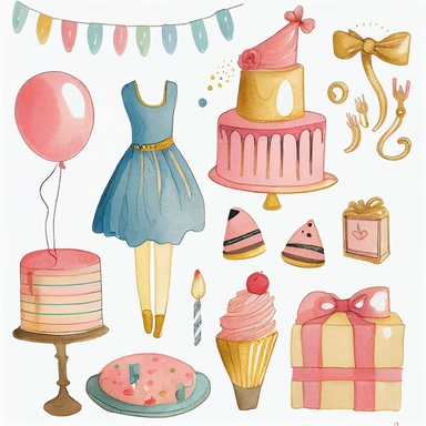 Please create a series of whimsical fashion illustrations featuring different items related to birthdays and birthday parties in shades of pink, blue, and gold. Each illustration should be drawn in a charming and playful style that captures the fun and excitement of birthday celebrations. Items to include can be balloons, cakes, gifts, party hats, and decorations. Please use a combination of watercolor and pencil drawings to create a unique and artistic look. The color palette should be dominate