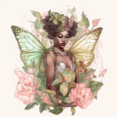 ultra beautiful black skin goddess fairy with beautiful buttefly style wings clipart, water color illustration, pink roses green leaves Alphonse mucha, art deco style