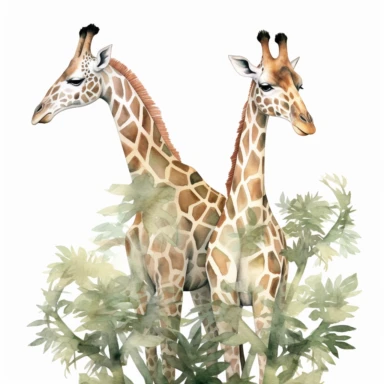 pair of cute giraffes, elegantly grazing on treetop leaves, their long necks reaching new heights, soft pastel colors, clipart, on a white background