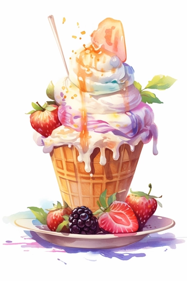 picturesque, a bright fudge sundae, clipart on white background, watercolor style, spring vibes, detailing in pastel colors, high quality, painted by Beatrix Potter, 8k