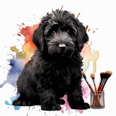 black labradoodle, goldendoodle, black doodle, puppy, watercolor clipart and paint, HD, 4k