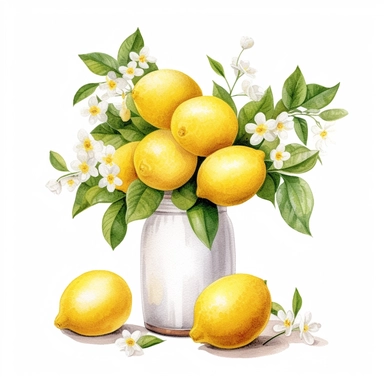 Commercial shot of realistic watercolor painting of a really cute cottagecore lemon themed flower vase clipart, aesthetic, good looking food, delicious, yummy, foodie, healthy, white background no text, isolated on white, watercolor illustration, award winning, strong and sharp lines