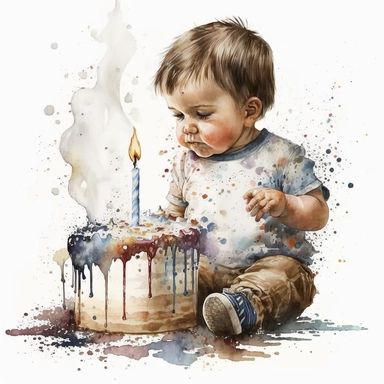 a first birthday cake with watercolor effect,a little happy boy blowing out the candle,suitable for digital clipart,white background,a one birthday candle on the cake
