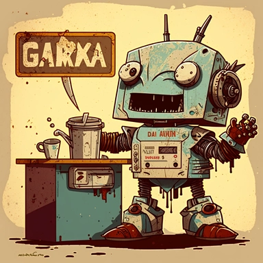 garbage pale kids format, pop surrealism digital art image of broken down, old, rusting, cartoonish, humanoid robot wearing tattered uniform made of human clothing, behind the counter of a fast food restaurant puring a drink from a tap, in a satirical style. Art style inspired by artists like Tara McPhereson, Nooligan, and Robin Eisenberg. To be used for digital clipart. Change up the color and shape of the robot from previous generations