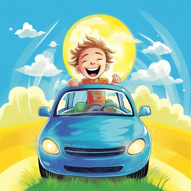 A clipart of a happy child, bright colors, sun, blue sky, entering a dark car