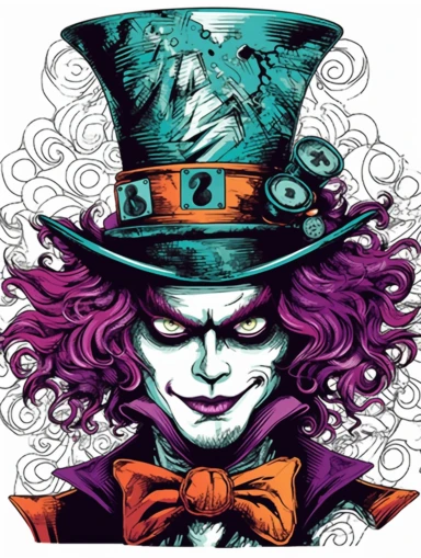 hand drawn clipart of dark gothic spooky mad hatter in bold colors on a white background