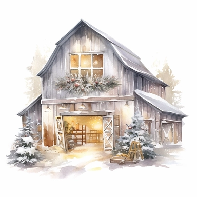 vector watercolor close up silver and gold winter christmas barn decorated in Christmas style decor in winter clipart on white background, close up view, winter christmas barn, silver and gold Christmas color scheme, photorealistic, ultrarealistic, no background, on white