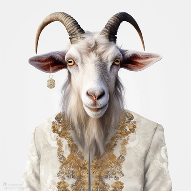 portrait of capricorn, animal, royal family, Gucci style of the clothes, looking straight, real photography, white background, clipart