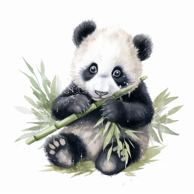 Create a highly detailed watercolor-style clipart of a cute baby panda delicately nibbling on a bamboo shoot, against a pristine white background. Use intricate brushstrokes and a meticulous approach to capture the precise features of the panda and the bamboo. Employ a rich color palette, combining shades of black, white, and subtle hints of green, to bring depth and realism to the artwork. Pay special attention to the panda's fluffy fur, using fine, textured brushstrokes to create a sense of so