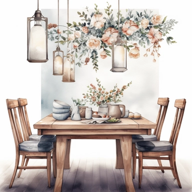 watercolor, hyper realistic, white background, white margins, 16k, ultra detailed clipart, cut out image, hand-drawn, whimsical a cozy dining room with a wooden table and white upholstered chairs, decorated with a hanging pendant light and a vase of white flowers