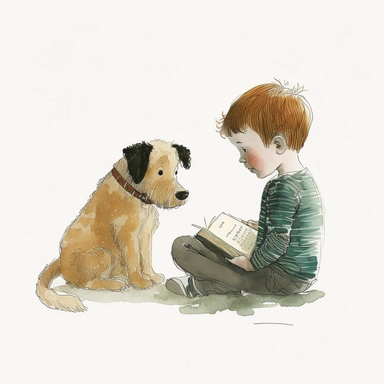 a dog sitting next to a young boy reading a book, watercolor and ink drawing, clipart, happy, gentle smile, beautiful watercolor ink wash coloring, thick pencil lines, Jon klassen, Adrian tomine, popular on etsy, watercolor illustrations clipart, watercolor illlustrations for kids and children, book illustrations, plain white background