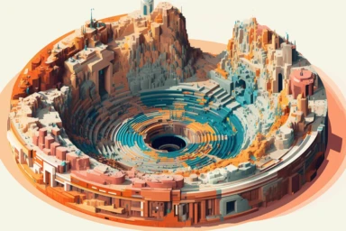 a close up of a infinite loop open pit mine on a white background, james gilleard and james jean, escher, trending on artisation, connectedness, scutoid, mit technology review, by Sam Spratt, dan mcpharlin : : ornate, wormholes, tetris, monolithic, stylized stl, clipart icon, simple 4 colors from gray to metalic blue, vector-based, sharp border, plane color and very define, high quality, digital art, 8k resolution, masterpiece, congruent, amazing, incredible, awe-inspiring, mind-blowing, masterf