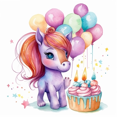 cute birthday unicorn with cupcakes and balloons watercolor clipart