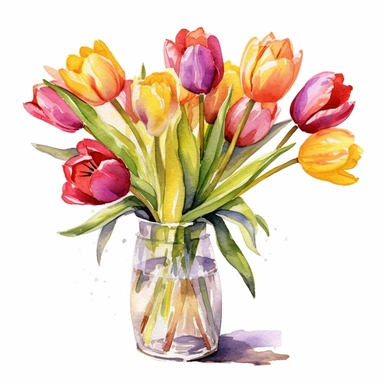 Watercolor tulip in vase bouquet clipart , white background