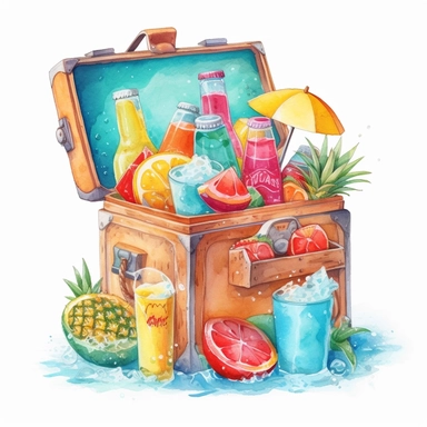 watercolor, hyper realistic, white background, white margins, 16k, ultra detailed clipart, cut out image, hand-drawn, whimsical a vibrant beach cooler filled with ice and tropical drinks. Bright turquoise, sunny yellow, and vibrant coral