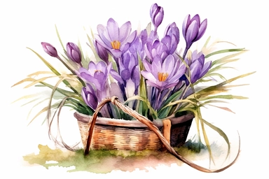 Watercolor , Crocus in a Palm leaf basket, clipart, hd, on a white background, spaced out