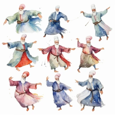 Watercolor Turkish Mevlana museum ., illustrations clipart set, simple, , cartoon elements, different variants , whirling male dervishes where one palm of hand faces the sky the other plam faces the ground, different poses , separate elements with a margin
