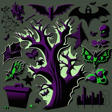 clipart model sheet of various psychobilly elements of design like dead trees, bats, coffins, that would fit in a psychobilly style Hawaiian pattern, using shades of black, purple and green