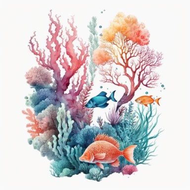 watercolor ocean coral reef with pastel coral and colorful sea life and tropical fish clipart white backround