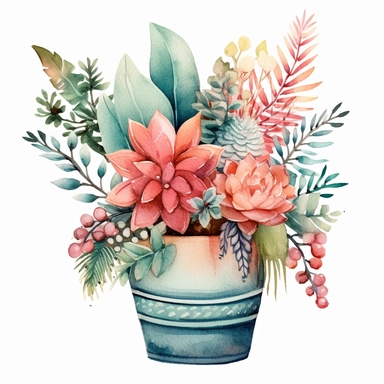 hand drawn watercolor , boho style ,boho pot plant, boho style details, boho colors, clipart, single object,png, sublimation, white background for removing background - - no text shadow font watermark
