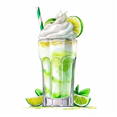 watercolor style, bright green and white milkshake in a long glass, decorated with whipped cream and a slice of lime with yellow straws clipart, very soft style, on white background