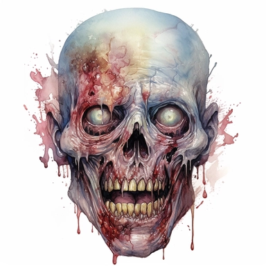 scary headshot of a zombie monster with a broken face, photorealistic, hyper realism, watercolor, ultra high-detail, clipart