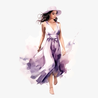 watercolor style, beautiful woman in summer dress in shades of mauve and white, realistic, clipart, isolated on white background, 4K