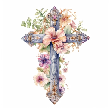 Watercolor sketch of floral cross, natural single design, highlydetailed, clipart style, white background, 8k