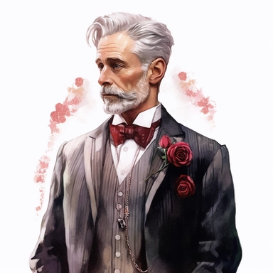 Handsome Victorian gentleman in a tailored waistcoat and coat, his gray hair perfectly combed and adorned with a small red rose lapel pin. His dignified presence and refined style are captivating. White background, clipart, watercolor, intricate detail
