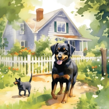 Paint a heartwarming scene reminiscent of a whimsical children's book illustration. Picture a majestic black shepherd/lab breed dog proudly standing beside a charming white house, complete with a spacious wooden deck. Through the window, capture the image of a contented man, cheerfully whistling and gazing outside. Embrace a delightful watercolor style, filled with vibrant colors and gentle brushstrokes. The overall composition should exude warmth and happiness, transporting viewers to a world o