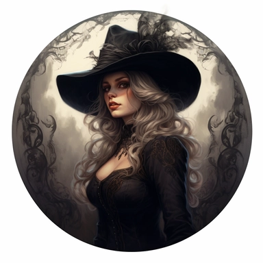 a witch wearing a witch hat, in the style of charlie bowater, victorian era themes, wimmelbilder, rtx on, camille-pierre pambu bodo, black smoke, dark bronze and white, gianni strino, clipart, white background