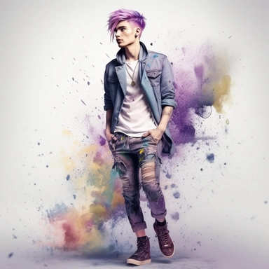 idyllic young man multicolor hair, fashion model, looking in the camera, eye contact, full body, fairytale dreamlike, clipart with watercolor splash background, with transparent background, hyper realistic, professional photography, super detailed