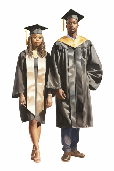 realistic watercolor drawing of dark skinned woman and man wearing cap and gown on graduation day clipart, front view, in style of Michiel van Huysum, subtle faded color variations, hyper-detailed hd clipart, on white background, spaced out
